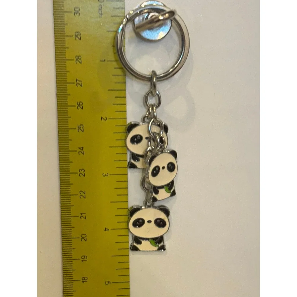 Kawaii Triple Panda Bear Enamel Charm Keychain Silver Tone Animal Key Ring
